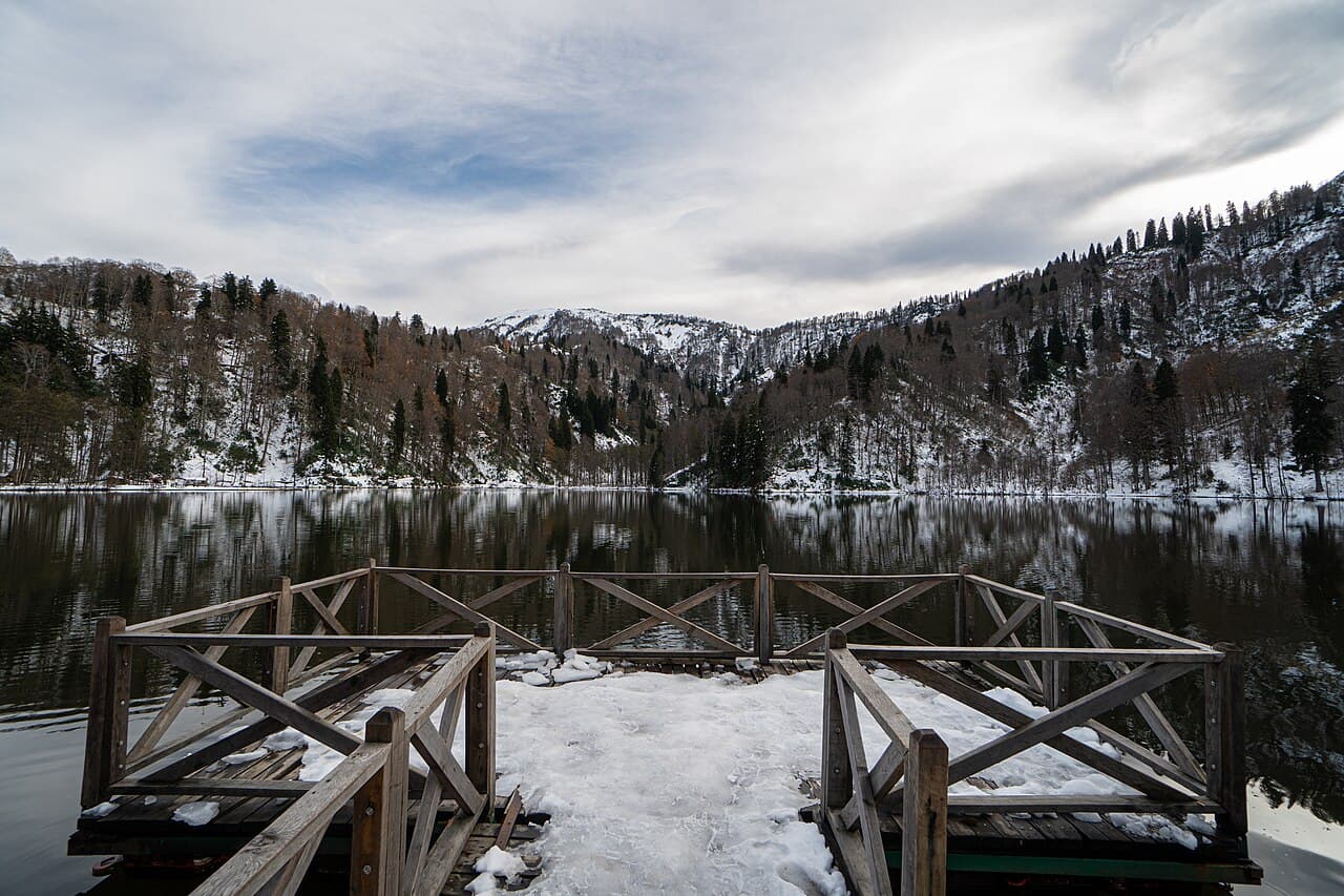 Artvin Borçka Karagöl kıyısında kar örtüsüyle çevrili orman ve gölün görünümü